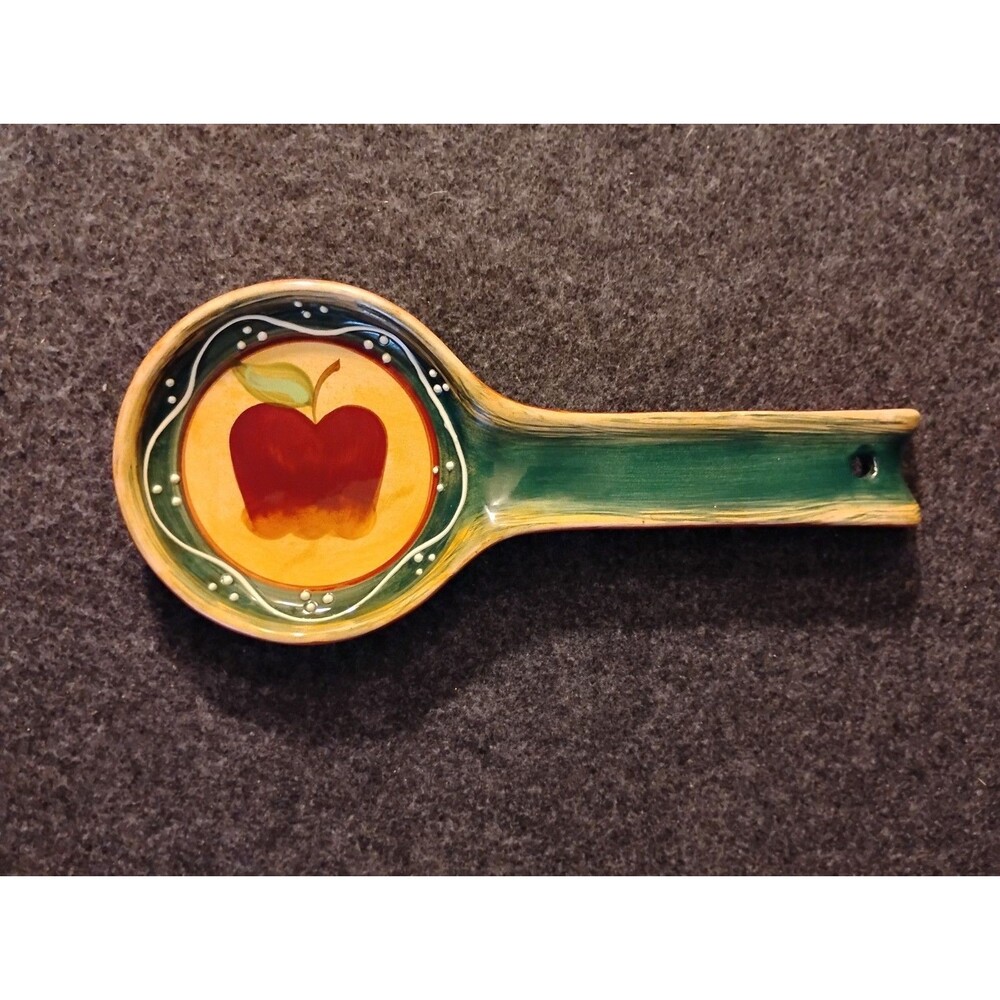 Casa Vero by Ack Ceramic Spoon Rest Holder Hand Painted Green w Red Apple NOTE